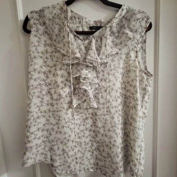 Tommy Hilfiger Ruffle Tie-Neck Floral Blouse - White/Black - Size Medium - Picture 1 of 6
